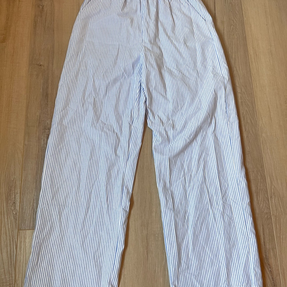 White And Blue Striped Coastal Fold Over Pants